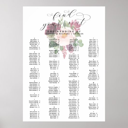 Adore Floral Alfabetical Wedding Seating Chart Poster (Voorkant)