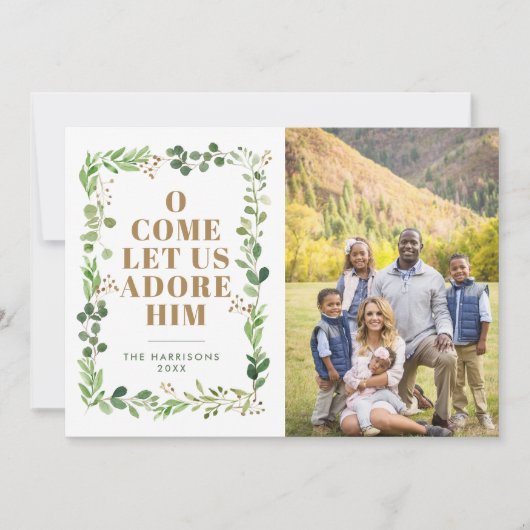 Adore Him Foliage Lijst Religieuze Foto Feestdagenkaart (Voorkant)