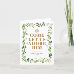 Adore Him Foliage Lijst Religious Folded Photo Feestdagen Kaart