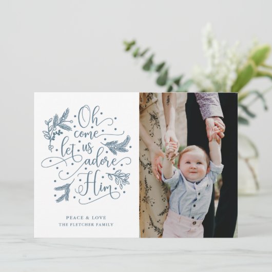 Adore Him | Fotokerstkaart | Blauw Feestdagenkaart (Staand voorkant)