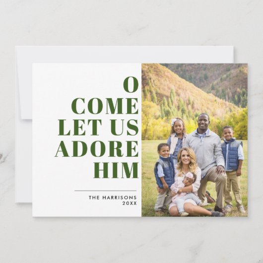Adore Him Green and White Modern Religieuze Foto Feestdagenkaart (Voorkant)