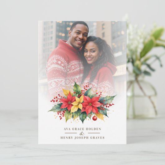 Adorned Christmas Floral Garland Poinsettias Photo Kaart (Staand voorkant)