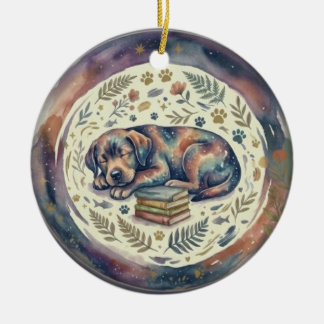 Adorno Navideño Perro Durmiendo con libros Keramisch Ornament