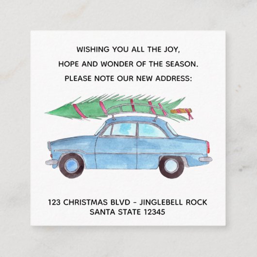 Adres Aankondiging blauwe auto met kerstboom (Achterkant)