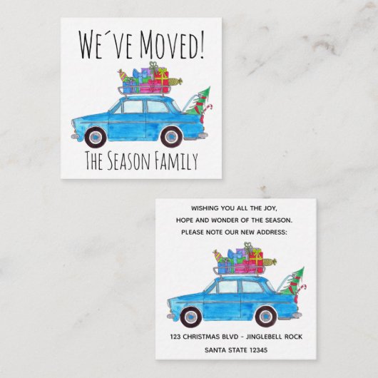 Adres Aankondiging blauwe auto met kerstcadeaus (Voorkant / Achterkant)