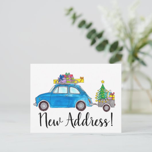 Adres aankondiging Blue Fiat 500 Kerstmis Briefkaart (Staand voorkant)