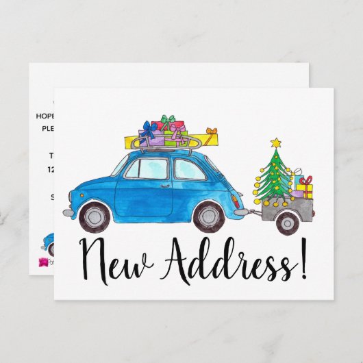 Adres aankondiging Blue Fiat 500 Kerstmis Briefkaart (Voorkant / Achterkant)