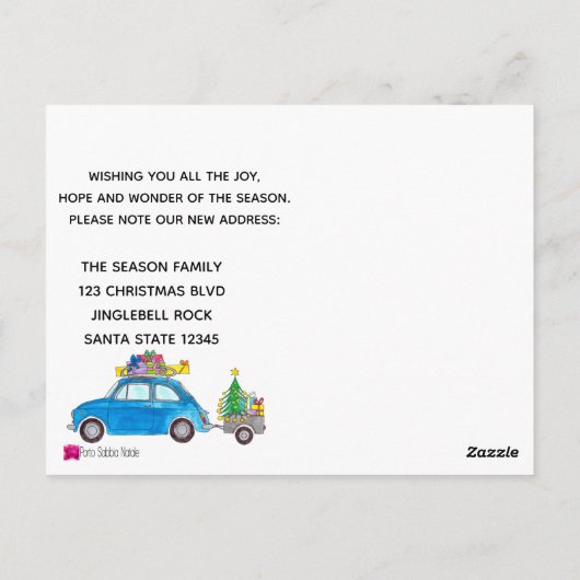 Adres aankondiging Blue Fiat 500 Kerstmis Briefkaart (Achterkant)