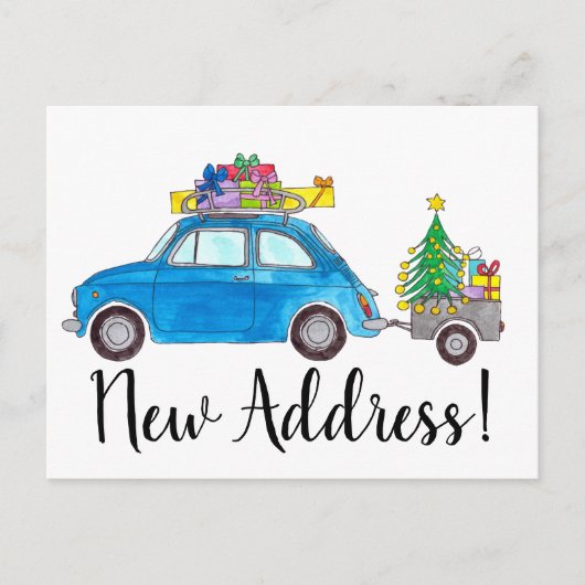 Adres aankondiging Blue Fiat 500 Kerstmis Briefkaart (Voorkant)