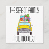 Adres Aankondiging met kerstcadeaus met gele cabin (Voorkant)