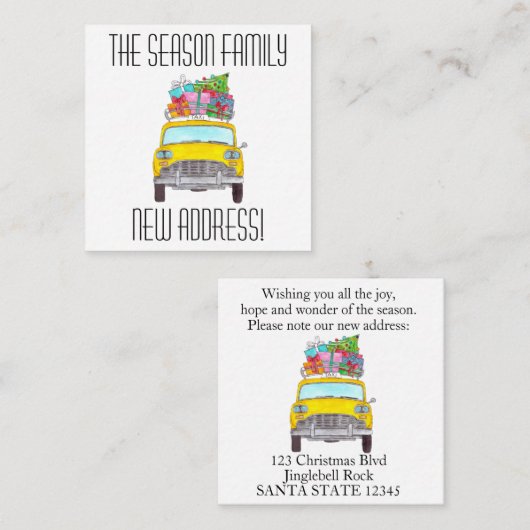Adres Aankondiging met kerstcadeaus met gele cabin (Voorkant / Achterkant)