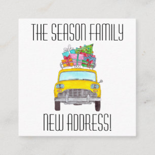 Adres Aankondiging met kerstcadeaus met gele cabin