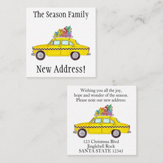 Adres Aankondiging met kerstcadeaus met gele cabin (Voorkant / Achterkant)