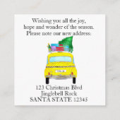 Adres Aankondiging met kerstcadeaus met gele cabin (Achterkant)