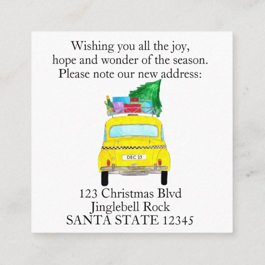 Adres Aankondiging met kerstcadeaus met gele cabin (Achterkant)