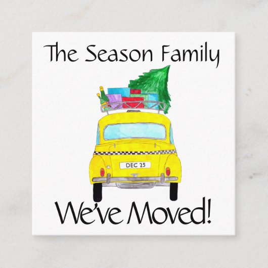 Adres Aankondiging met kerstcadeaus met gele cabin (Voorkant)