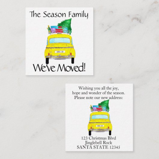 Adres Aankondiging met kerstcadeaus met gele cabin (Voorkant / Achterkant)