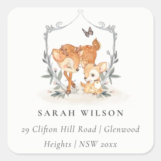 Adres Baby shower van mevrouw Deer Fawn Floral Cre Vierkante Sticker (Voorkant)