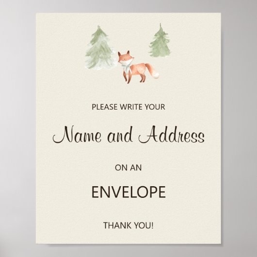 Adres Baby shower Woodland Fox en envelop Poster (Voorkant)