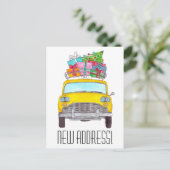 Adres bekendmaking gele kerstcadeautjes briefkaart (Staand voorkant)