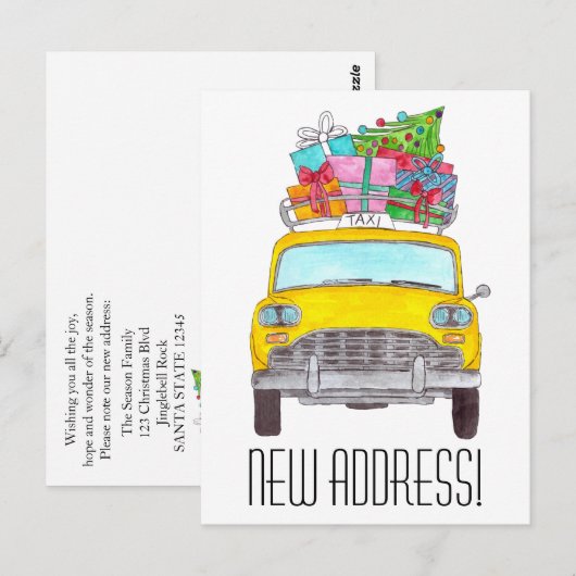 Adres bekendmaking gele kerstcadeautjes briefkaart (Voorkant / Achterkant)