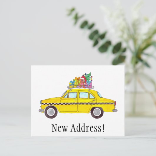 Adres bekendmaking gele kerstcadeautjes briefkaart (Staand voorkant)