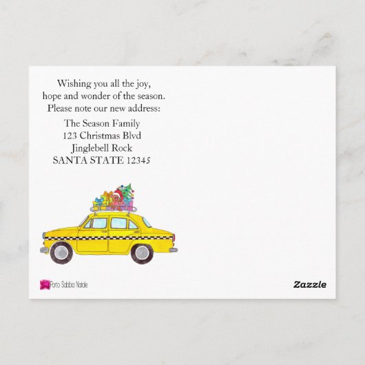 Adres bekendmaking gele kerstcadeautjes briefkaart (Achterkant)