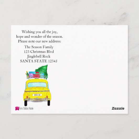 Adres bekendmaking gele kerstcadeautjes briefkaart (Achterkant)