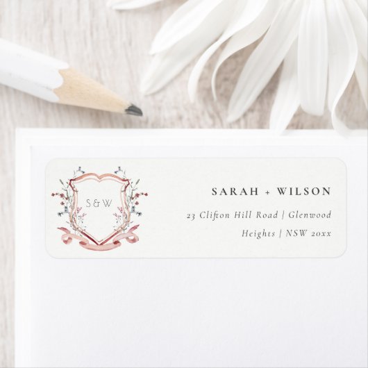 Adres Elegant Pink Wildflower Monogram Crest Etiket (Insitu)