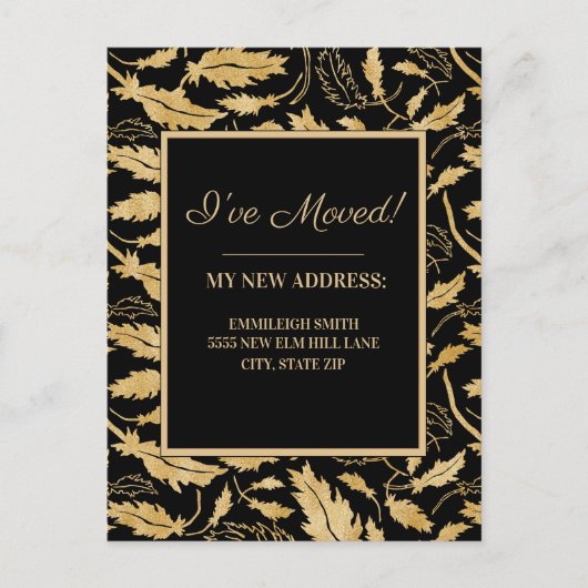 Adres gewijzigd: Elegant Black Gold Leaves Briefkaart (Voorkant)