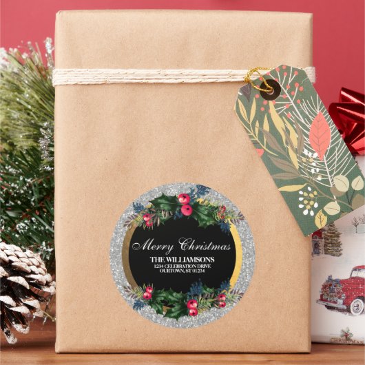 Adres Glittery Silver en Gold Family Ronde Sticker (Feestdagen)