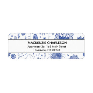 Adres Indigo Blue & White Waterverf Flowers Etiket