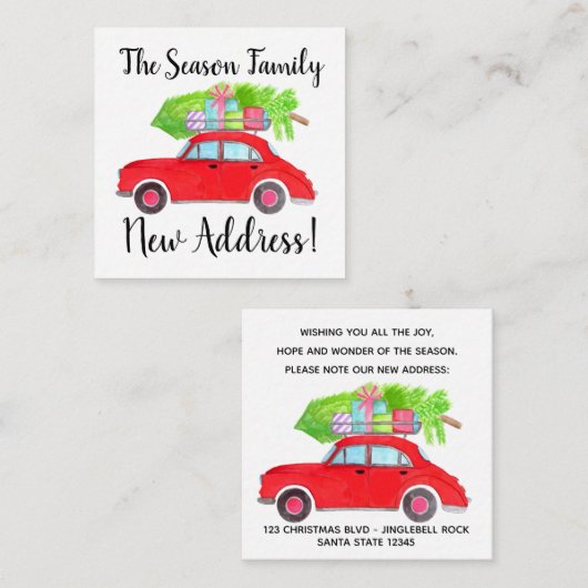 Adres kondiging Rode auto met kerstboom Informatiekaartje (Voorkant / Achterkant)