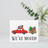 Adres kondiging rode auto met kerstcadeaus briefkaart (Staand voorkant)