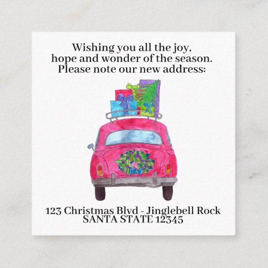 Adres kondiging rode auto met kerstcadeaus informatiekaartje (Achterkant)