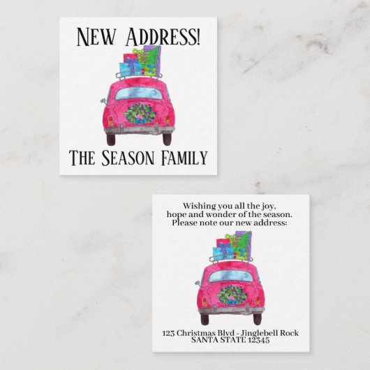 Adres kondiging rode auto met kerstcadeaus informatiekaartje (Voorkant / Achterkant)