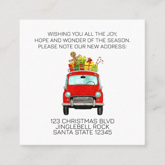 Adres kondiging rode auto met kerstcadeaus informatiekaartje (Achterkant)