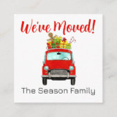 Adres kondiging rode auto met kerstcadeaus informatiekaartje (Voorkant)