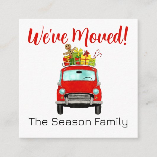 Adres kondiging rode auto met kerstcadeaus informatiekaartje (Voorkant)