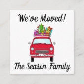 Adres kondiging rode auto met kerstcadeaus informatiekaartje (Voorkant)