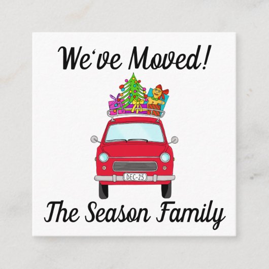 Adres kondiging rode auto met kerstcadeaus informatiekaartje (Voorkant)