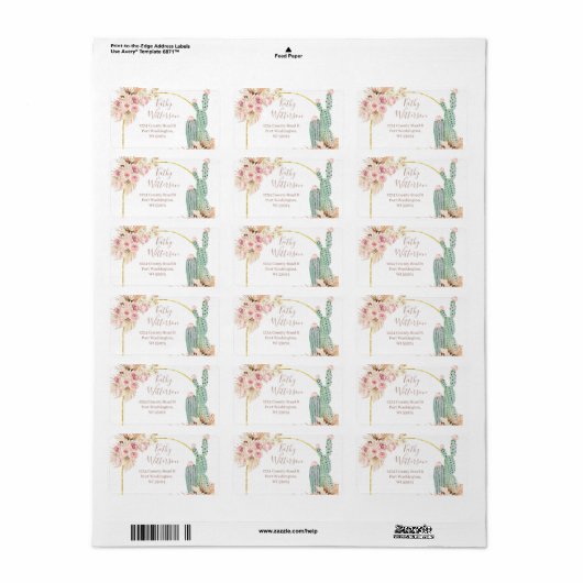 Adres Label Boho Cactus Pink Floral Baby shower (Full Sheet)