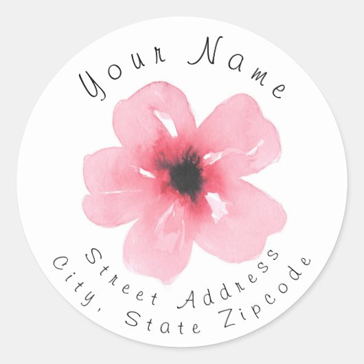 Adres label 'Roze Waterverf Flower' (Voorkant)