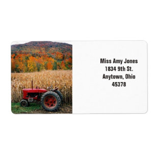 Adres label, terugloop, herfst bomen, tractor. etiket