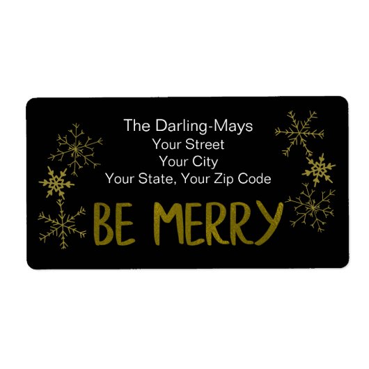 Adres Merry Black en Gold Snowflakes Etiket (Voorkant)