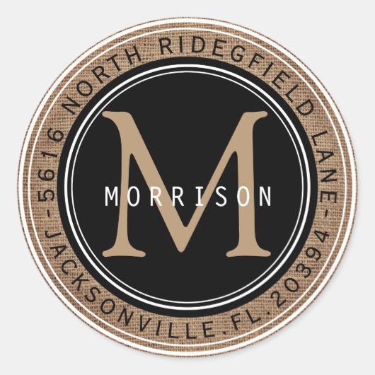 Adres, Monogram in een zwarte en bruine jute Ronde Sticker (Voorkant)