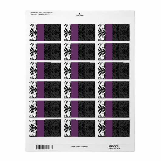 Adres plum & Black Bumble Bee Damask Etiket (Full Sheet)