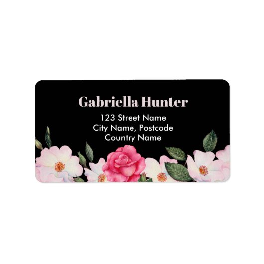 Adres Roze Wit Rozen Ballerina Bloemen Zwart Etiket (Voorkant)
