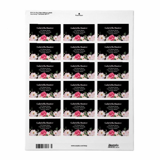 Adres Roze Wit Rozen Ballerina Bloemen Zwart Etiket (Full Sheet)