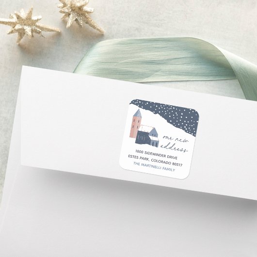 Adres Snowy Village Change of Address Vierkante Sticker